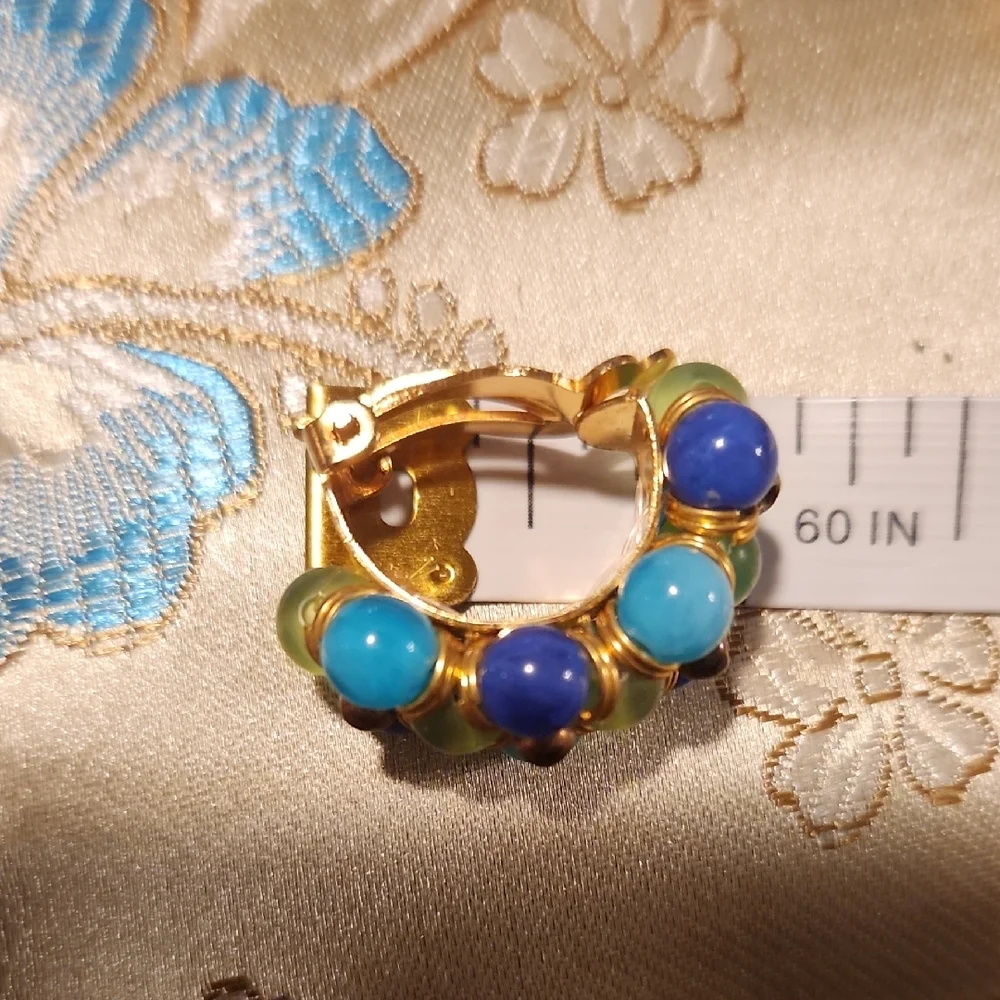 Vintage Gold and Blue Beaded Earring Clip Ons‎